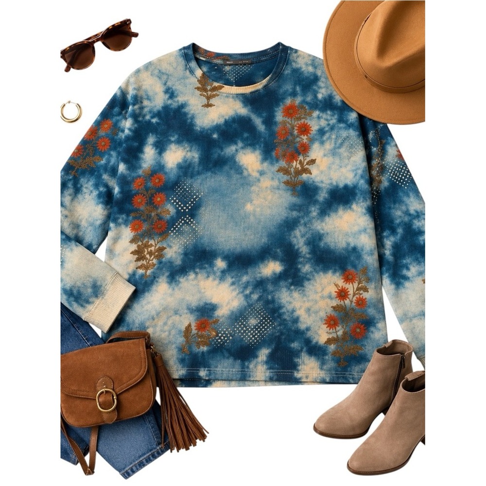 Yesno Blue Tie Dye Floral Knit Sweater Womens Large Oversized Boho Pullover EUC